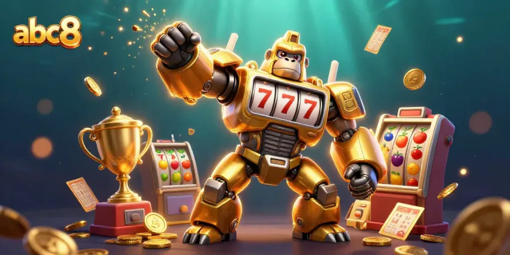 Experience abc8's thrilling gaming adventure with a dynamic golden gorilla mech and rich casino elements.