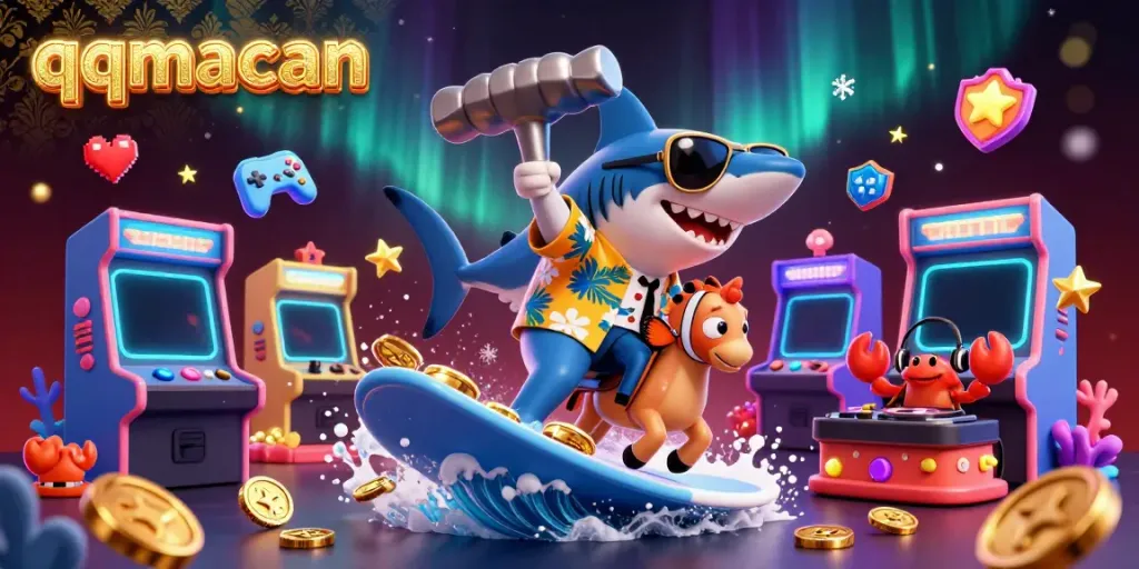 Experience the thrilling gaming world at qqmacan as the shark surfs gold coins with vibrant arcade elements.
