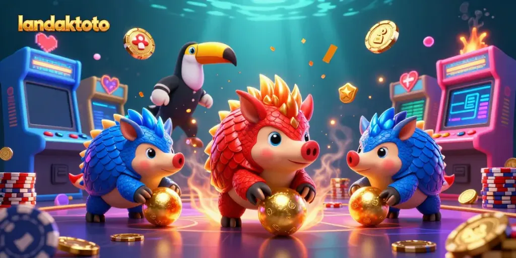 Rival pangolin bermain di landaktoto dengan koin emas dan chip poker dalam suasana kasino yang ceria.