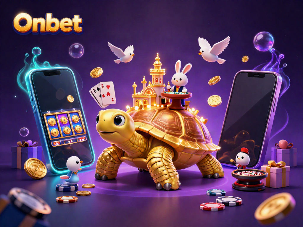Experience the thrill of Onbet's gaming with a giant tortoise casino featuring vibrant characters and energetic elements.