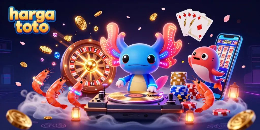 Experience the vibrant world of harga toto with a lively casino scene featuring a DJ and animated sea creatures.