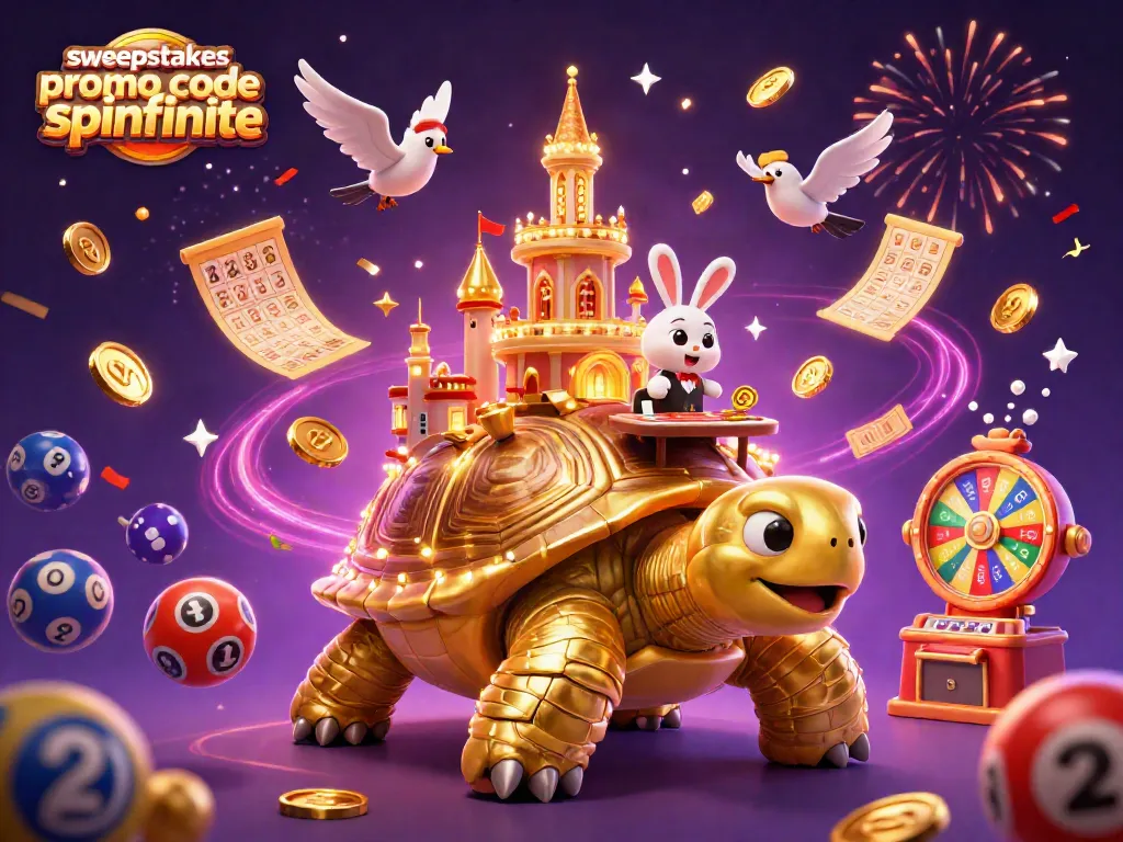 Spinfinite bonus codes showcase with golden tortoise, rabbit dealer, and festive elements, maximizing player excitement.