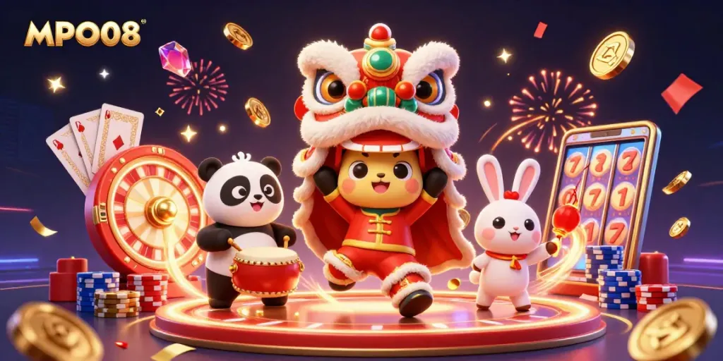 Engage with MPO08 for an exciting online casino experience with vibrant characters and game elements.
