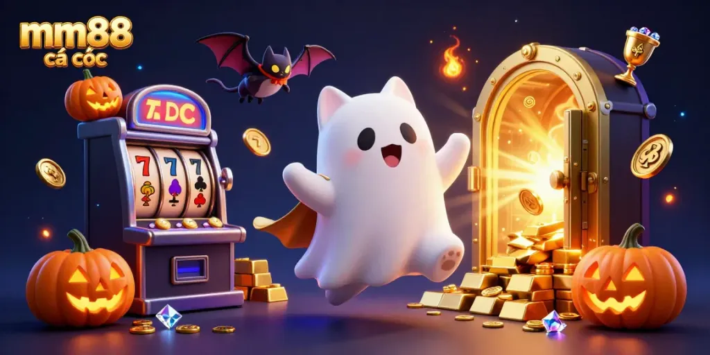 Experience fun with mm88 cá cược gaming under ghostly lights in a haunted casino scene.