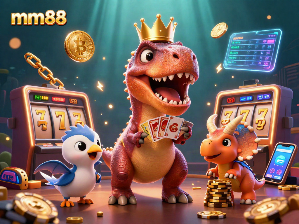 Engage in thrilling mm88 slot games with a T-Rex and friends amid vibrant golden chips and digital currencies.