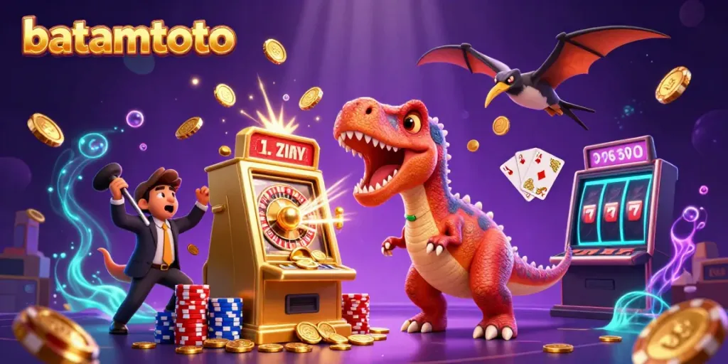 batamtoto characters celebrate jackpot win with cascading coins and vibrant slot machine excitement