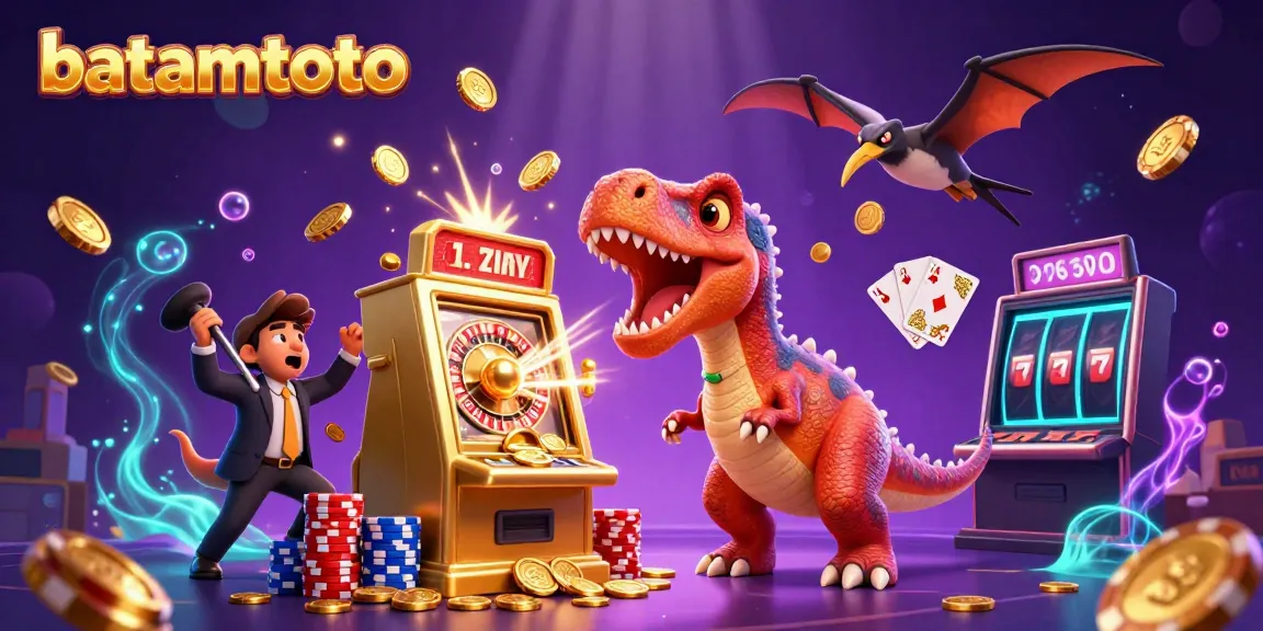 batamtoto characters celebrate jackpot win with cascading coins and vibrant slot machine excitement