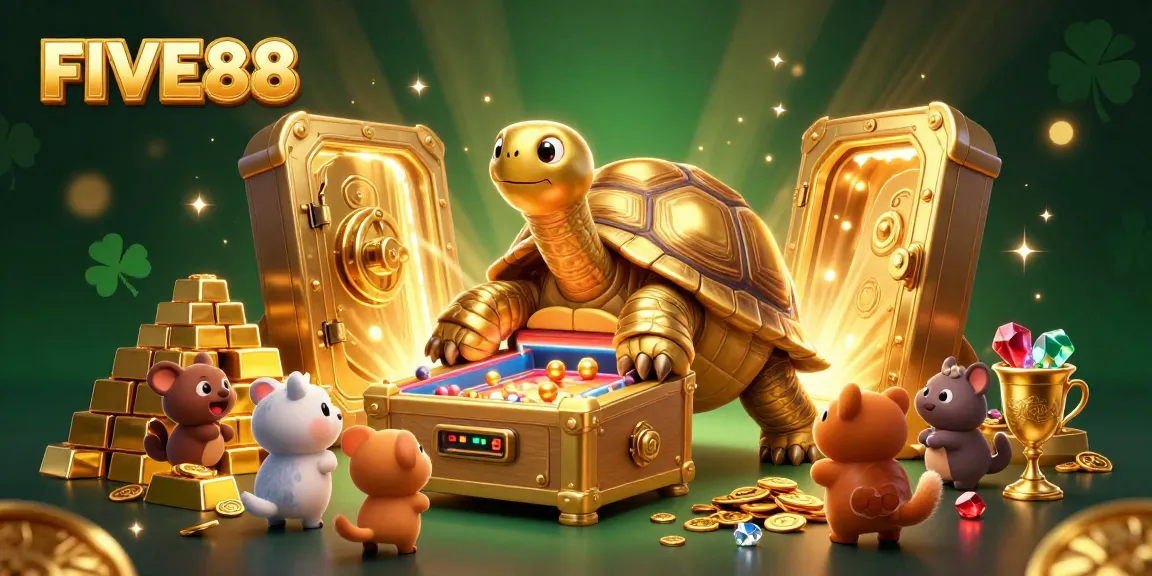 Engage with the vibrant FIVE88 casino experience featuring a golden tortoise pinball machine amidst treasure and excitement.
