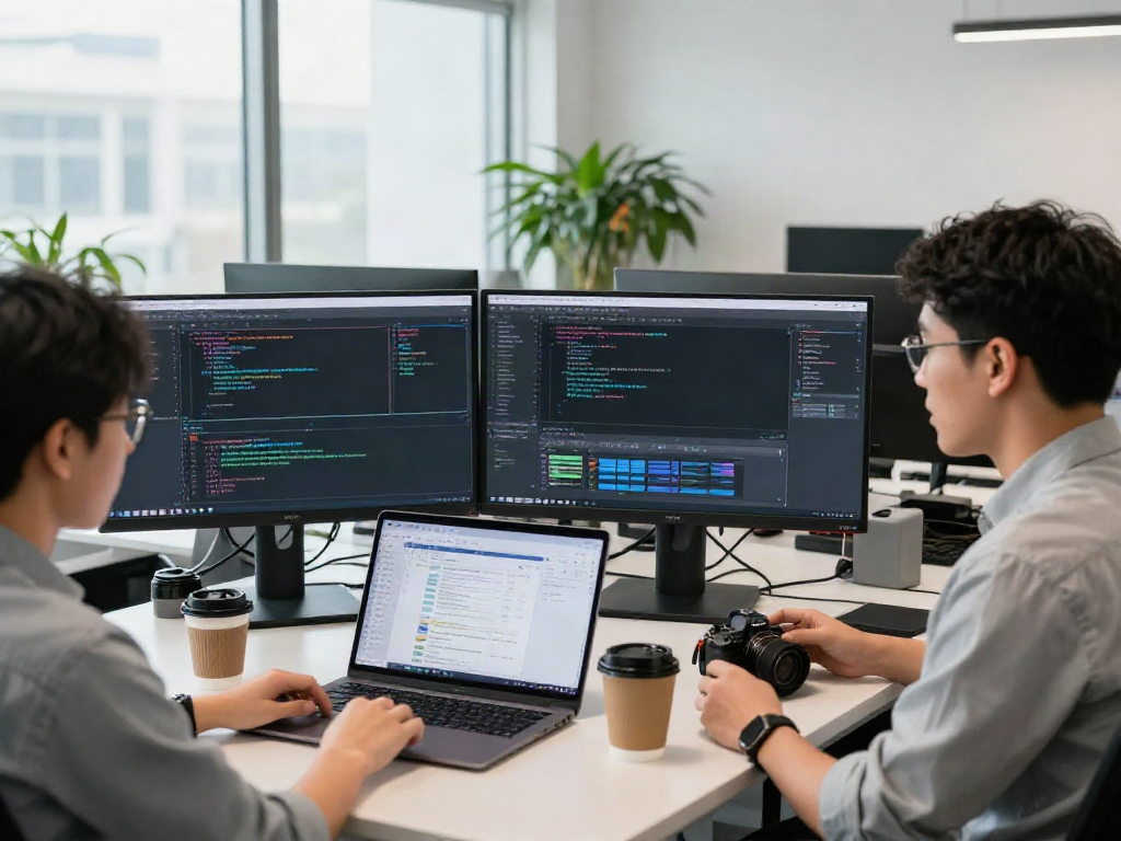Pikashow software developers collaborating in a modern tech workspace.