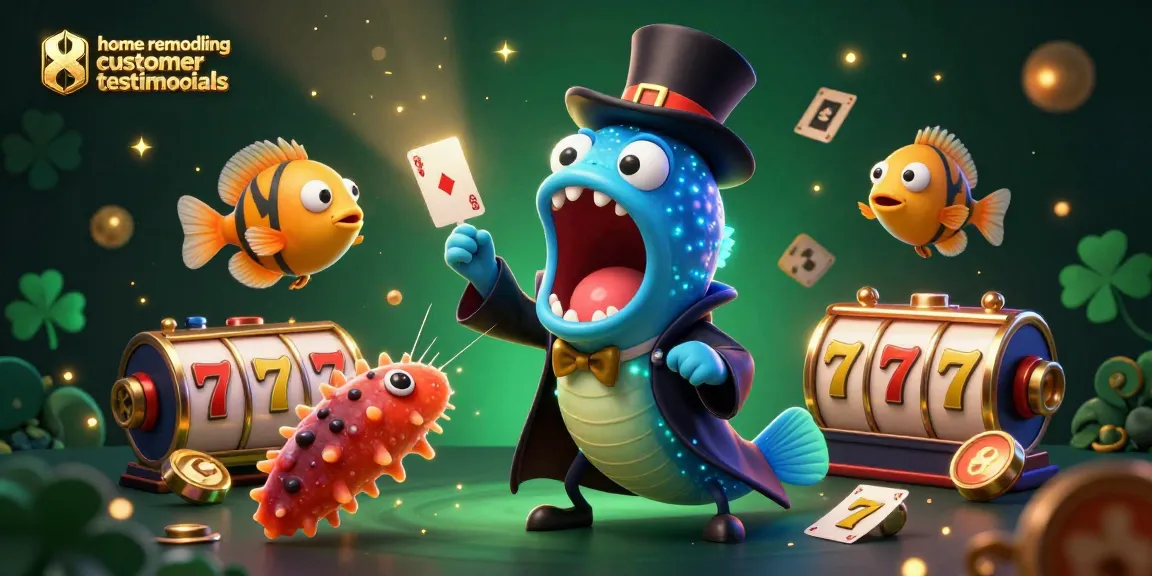 Engaging scene of home remodeling customer testimonials in a vibrant gambling-themed environment.