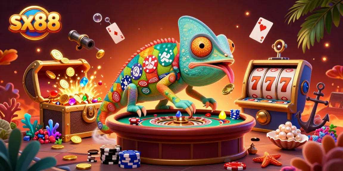 Sx88 showcases a vibrant 3D casino scene featuring a chameleon owner with colorful poker chip hues.
