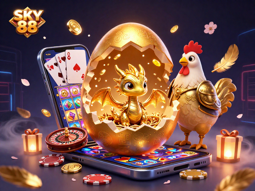 Engage with SKY 88's vibrant gaming action featuring a golden dragon amidst casino treasures.