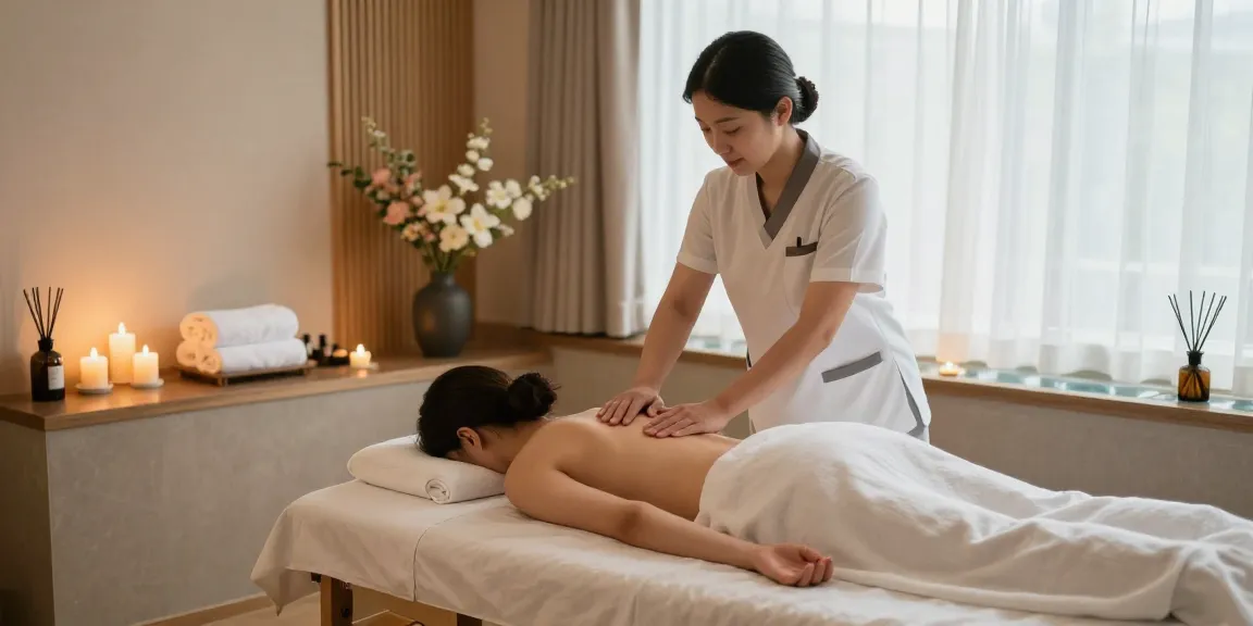 A soothing 강남출장마사지 scene in a tranquil spa therapy room, featuring a skilled therapist and calming ambiance.