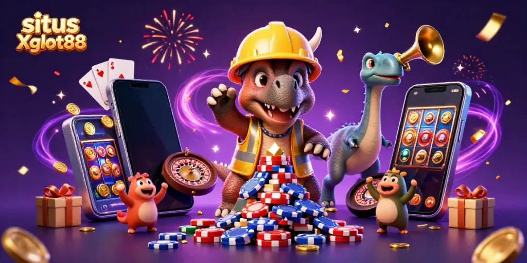 Merayakan kemenangan di situs Xgslot88 dengan visual slot yang menarik dan elemen kasino yang meriah.