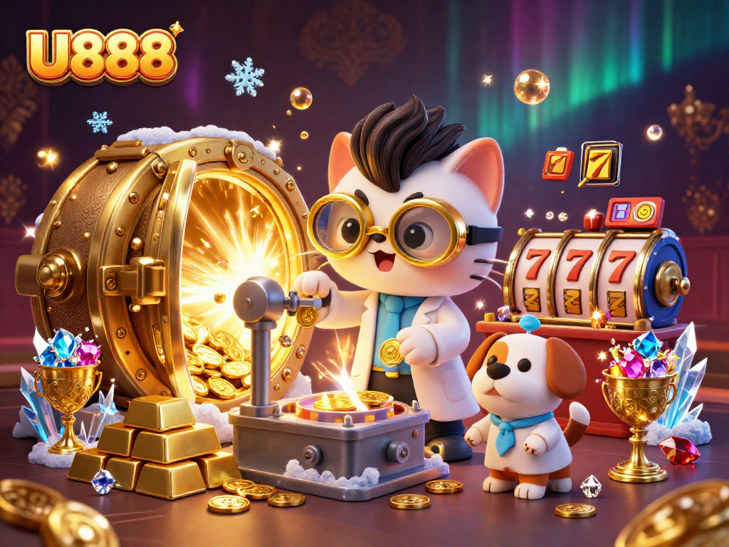 Witness the excitement at U888 with this lively casino illustration showcasing a mad scientist cat and loyal dog amidst gold and slot games.