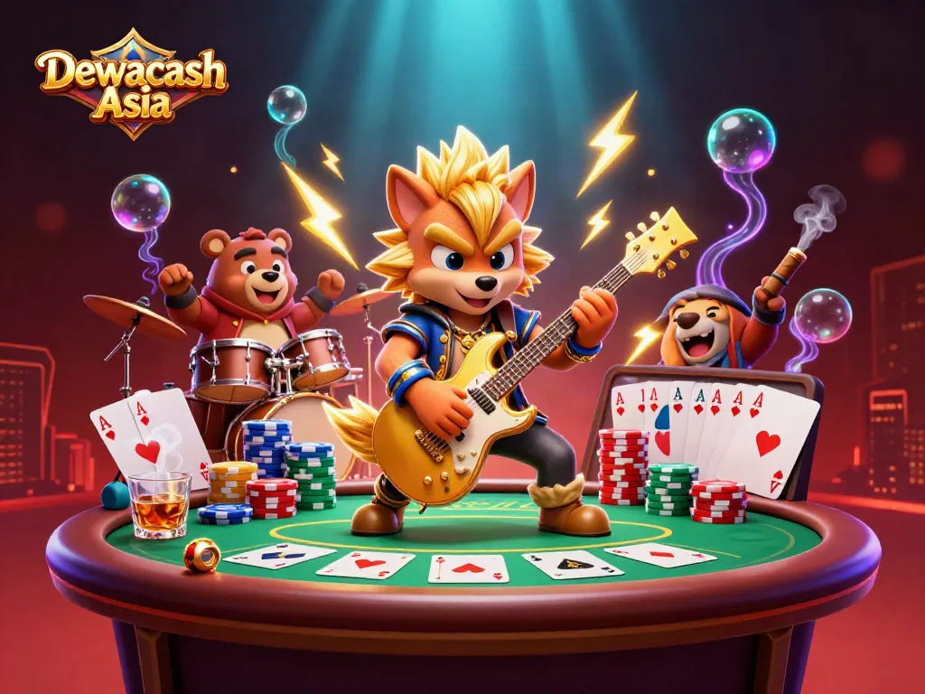 Dewacash Asia illustration shows a cartoon wolf rock star and bear drummer delivering a thrilling casino performance.