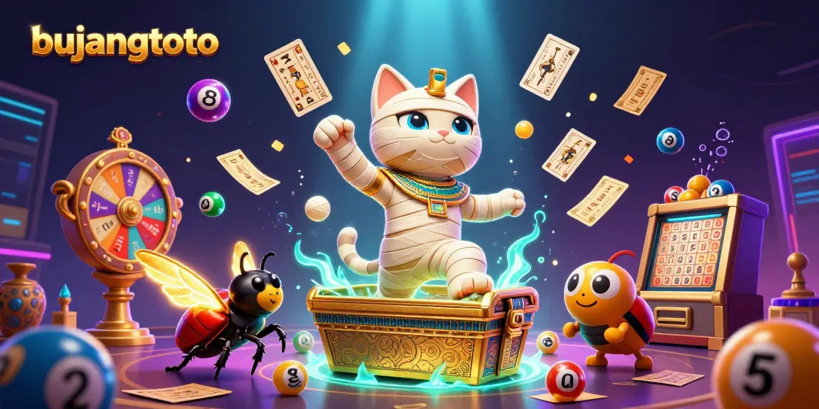 Experience the excitement of bujangtoto with a vibrant scene featuring a mummy cat and casino elements
