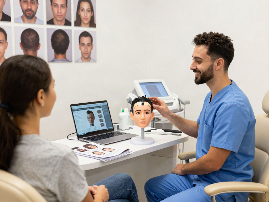 Hair transplant turkey consultation scene showing patient and technician in a modern clinic.