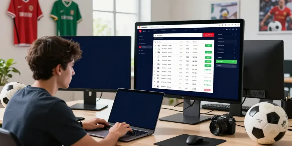 Engaged user analyzing WWBOLA soccer betting odds at a modern workspace