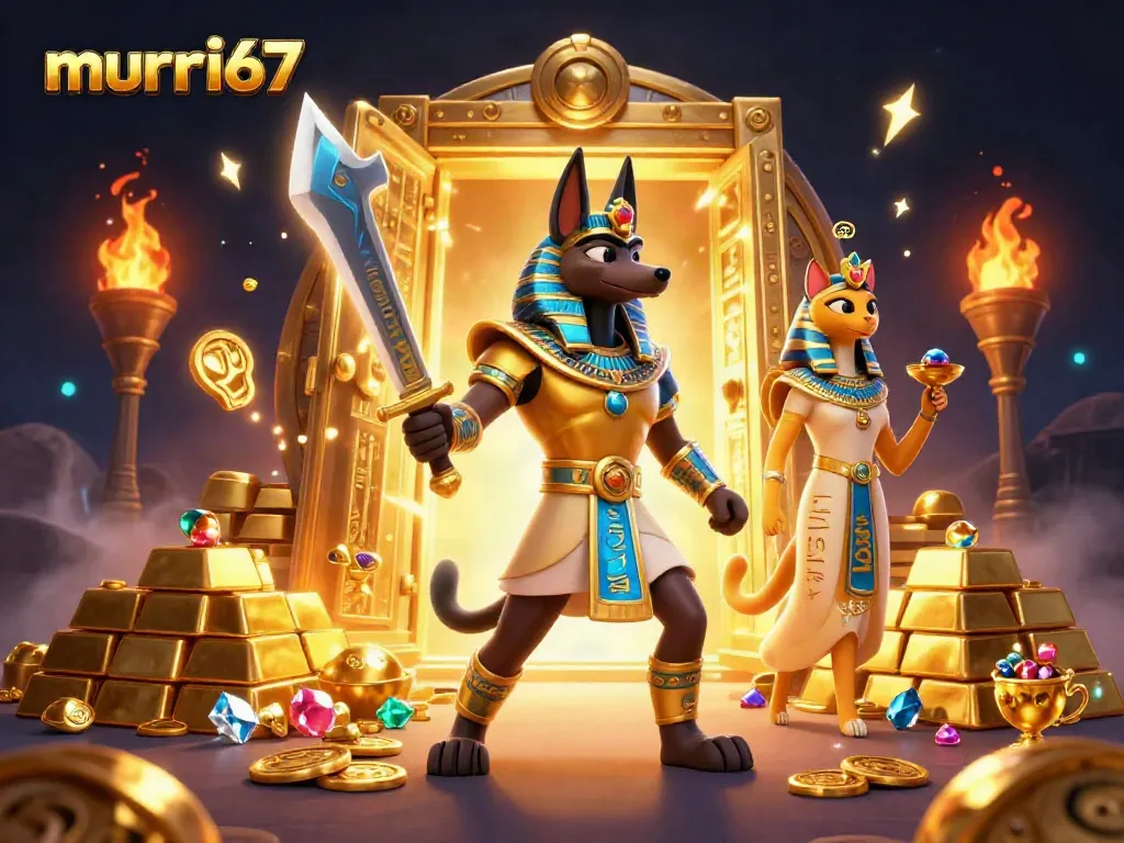 Engage in exciting casino gameplay at murai67 with animated Egyptian characters and treasure!