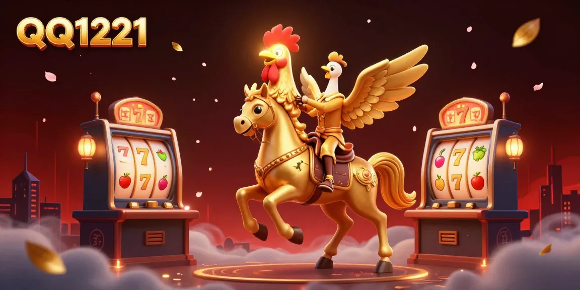 Experience thrilling gaming with QQ1221, showcasing a golden rooster and vibrant slot symbols.