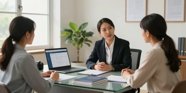 Diverse couple discussing options with an immigration lawyer to find immigration lawyer services in a modern office.