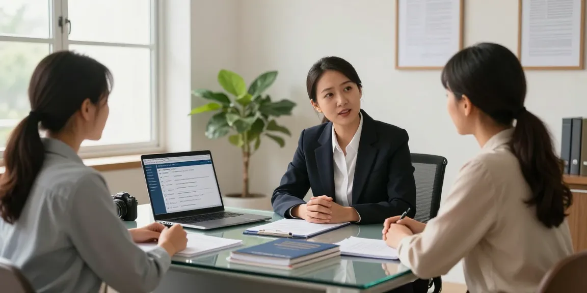 Diverse couple discussing options with an immigration lawyer to find immigration lawyer services in a modern office.