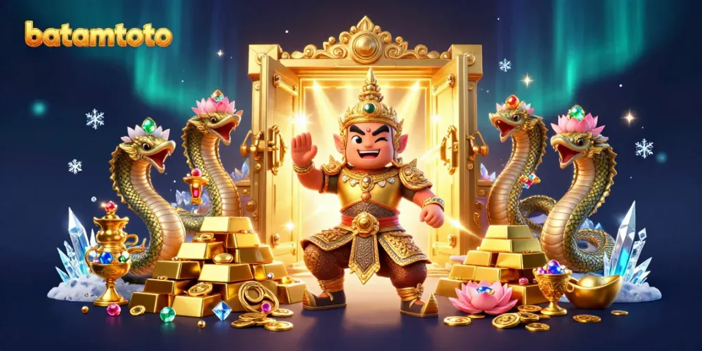 Experience batamtoto in an intricate 3D casino illustration featuring mythical guardians and treasures.