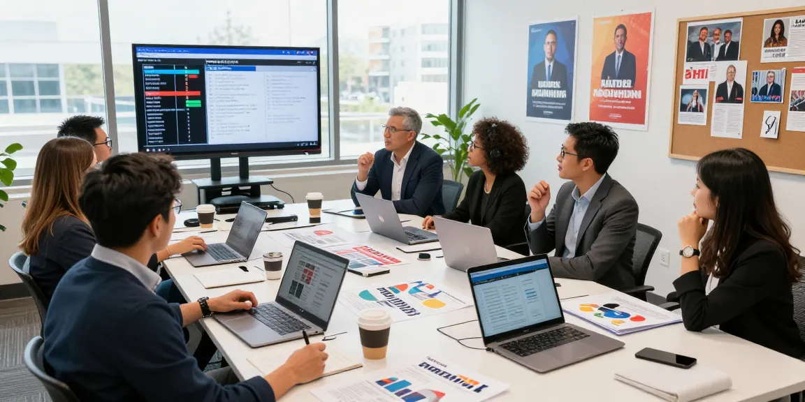 Political reputation management meeting with diverse strategists analyzing voter data and campaign strategies in a modern workspace.