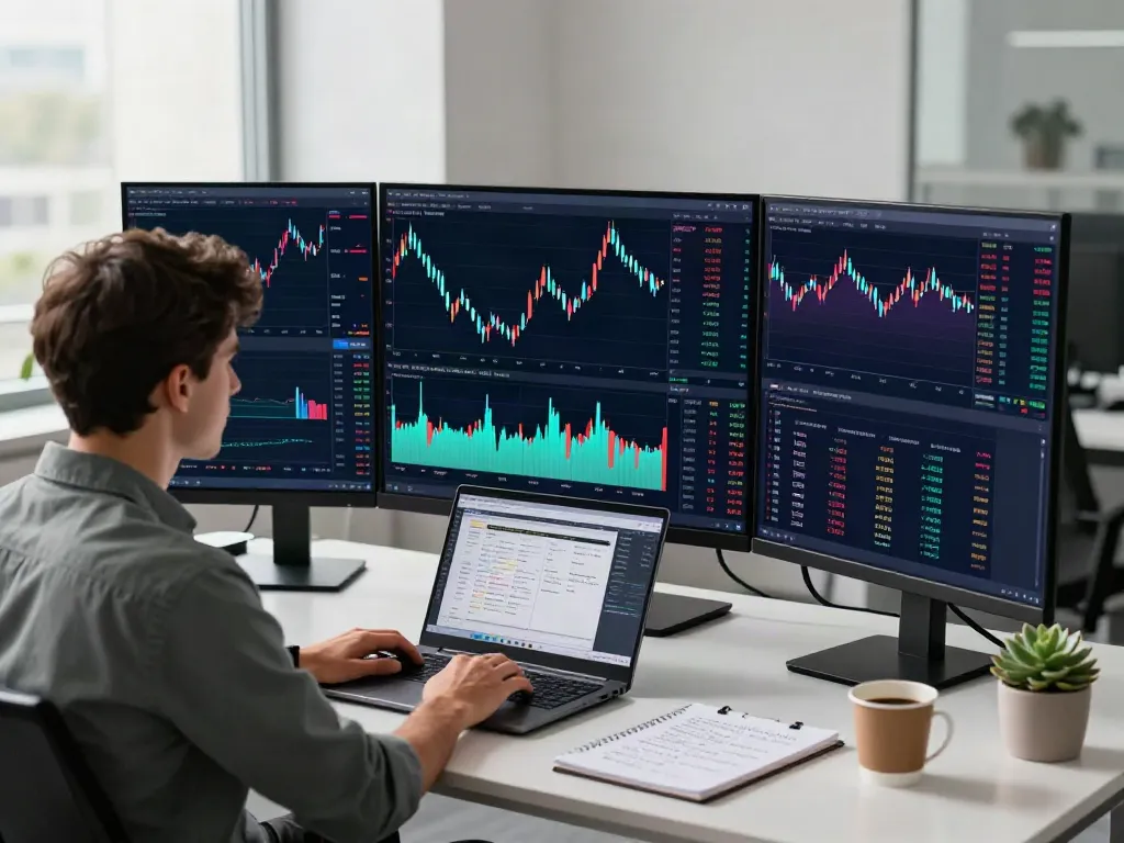 Trader using TradingView on multiple screens in a modern workspace.