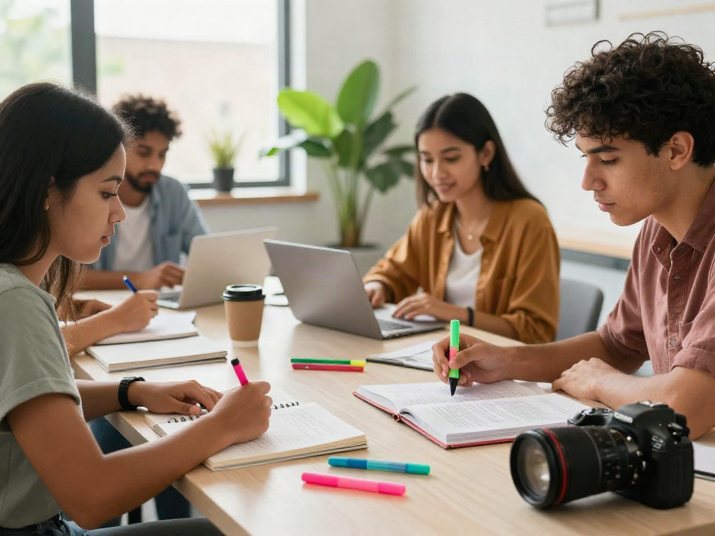 Highlighter pen supplier showcasing students collaboratively studying with colorful highlighter pens in a modern workspace.