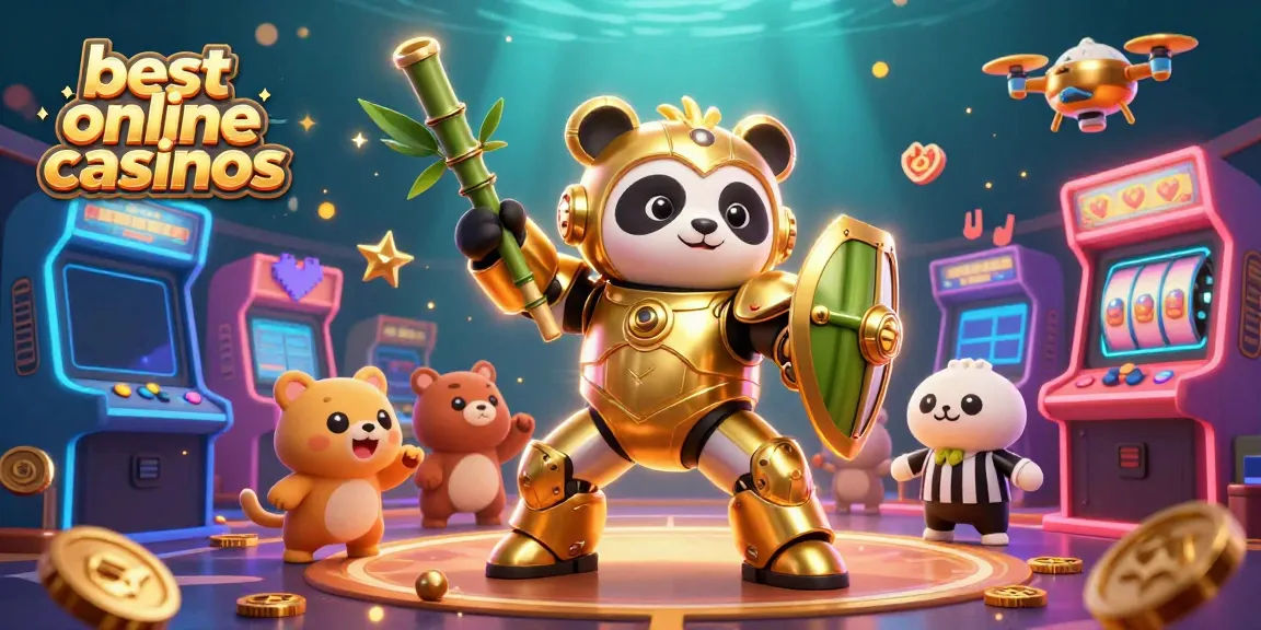 Experience the energetic scene of the best online casinos with a golden panda in a fighting robot.