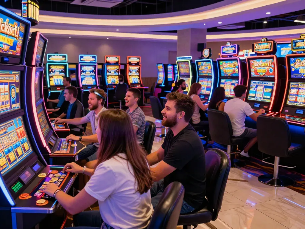 Players enjoying thrilling สล็อต experiences at a vibrant casino, showcasing excitement and atmosphere.