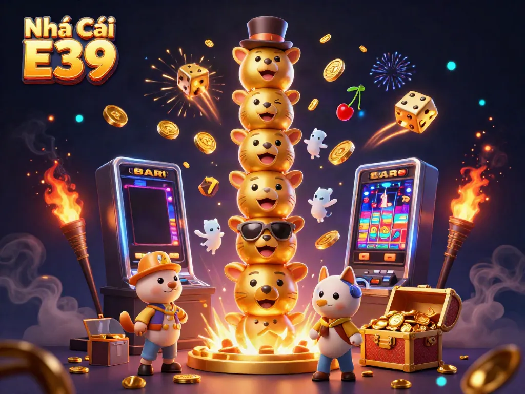 Experience vibrant gaming excitement at Nhà Cái E39, a captivating digital casino scene alive with colorful elements.