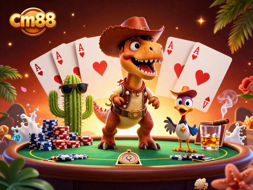 cm88 brings excitement as a cowboy dinosaur plays poker with friends at a vibrant casino scene.
