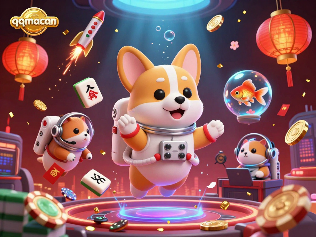 Experience the thrill of winning with qqmacan in a vibrant, dynamic space-themed casino scene.