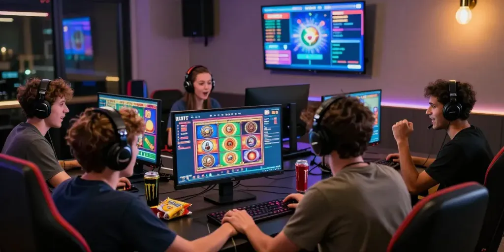 Exciting online gaming atmosphere with players enjoying link alternatif proplay88 on multiple devices, showcasing vibrant slot graphics and camaraderie.