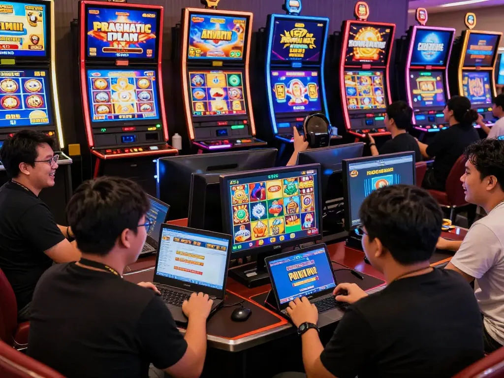 Players enjoying slot online gacor games in a vibrant online casino environment with various devices.