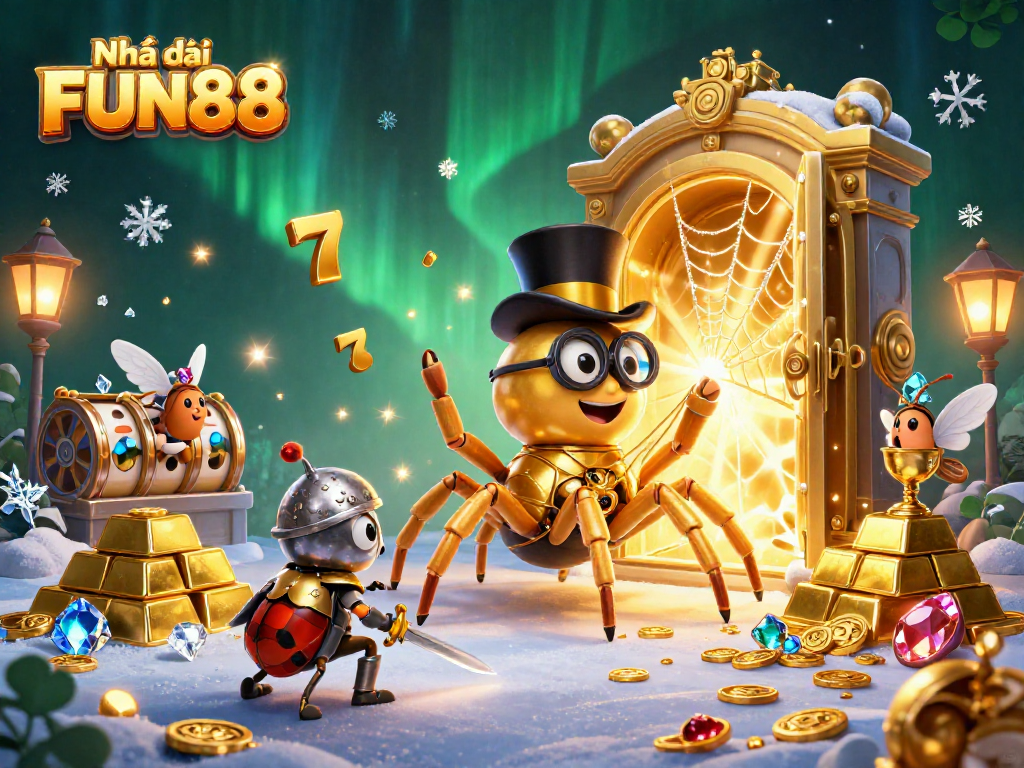 Engage with Nhà cái FUN88’s vibrant casino scene featuring golden riches and cartoon characters.