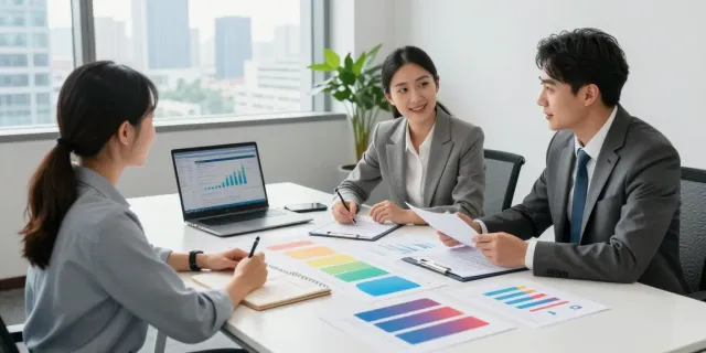 Financial Planner in Sydney engaging with a young couple in a bright office setting