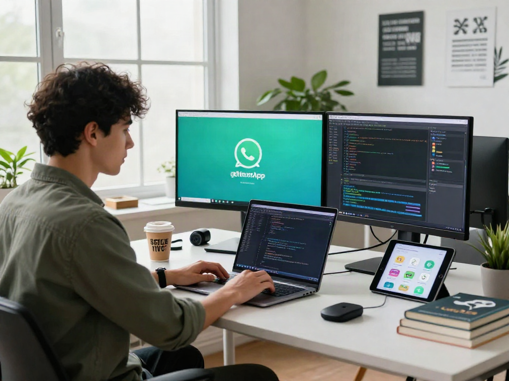 Developer coding innovative gb WhatsApp features in a modern office with dual monitors, natural light, and tech gadgets.