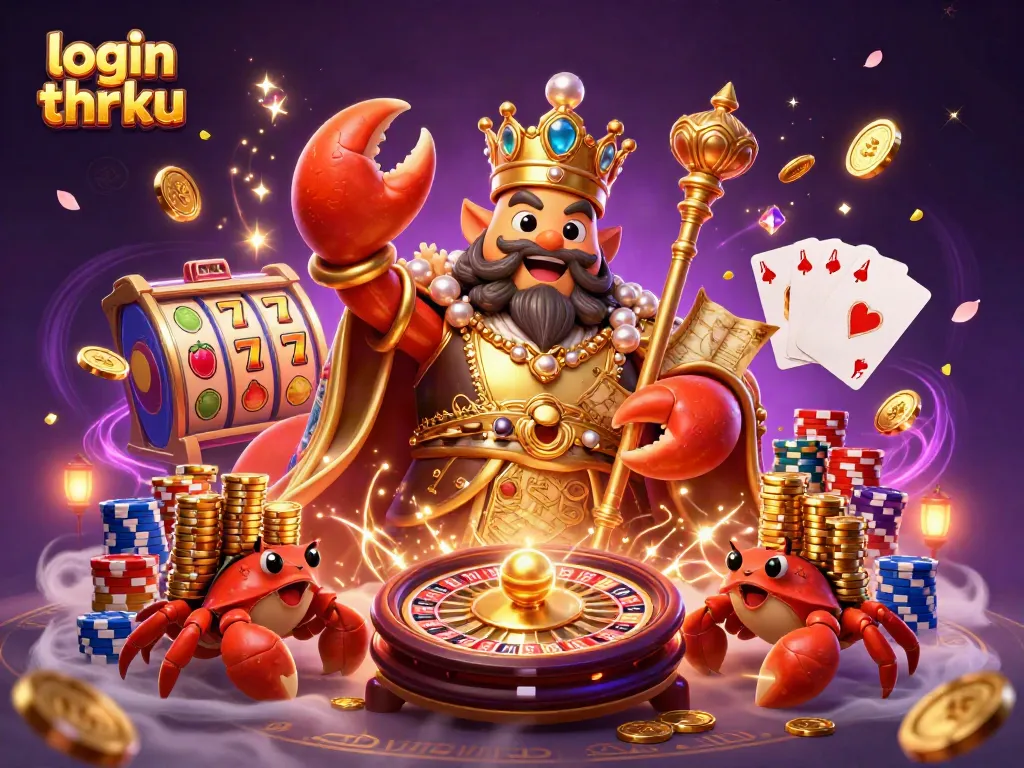 Engage with the vibrant scene of login thrku featuring a golden crab emperor and dynamic casino elements.