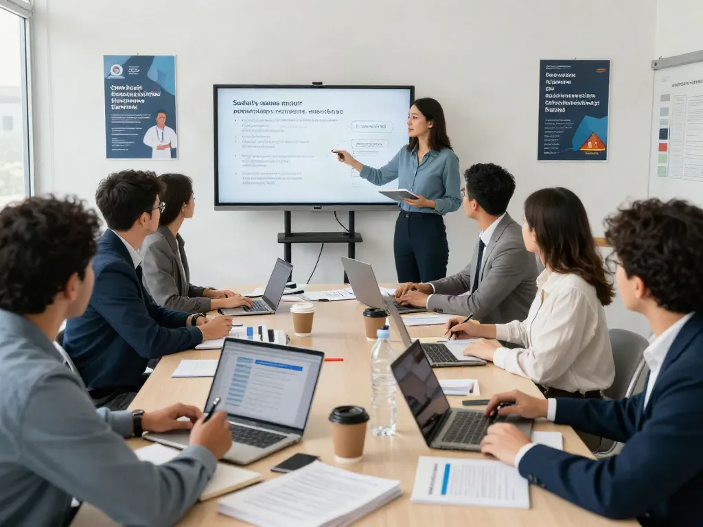 CSP Certification training session in a modern classroom with diverse professionals preparing for the exam, fostering collaborative learning.