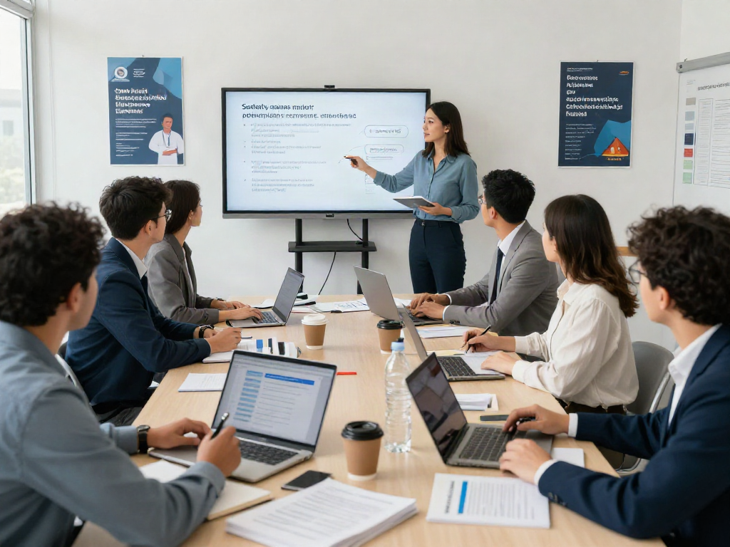 CSP Certification training session in a modern classroom with diverse professionals preparing for the exam, fostering collaborative learning.