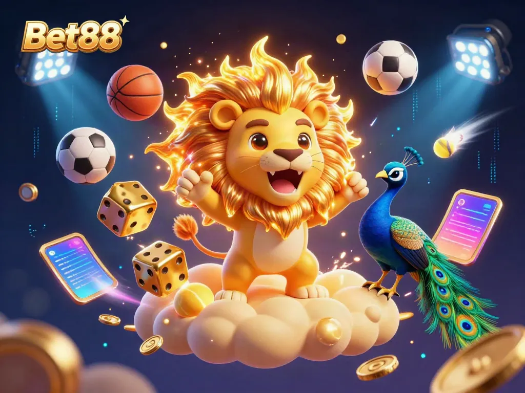Visualize Bet88's thrilling online casino experience with vibrant 3D characters and dynamic game elements.