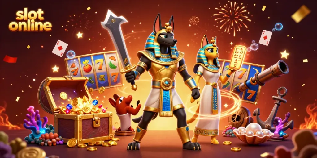 Mainkan slot online dengan karakter Anubis dan Bastet dikelilingi harta karun yang berkilauan.