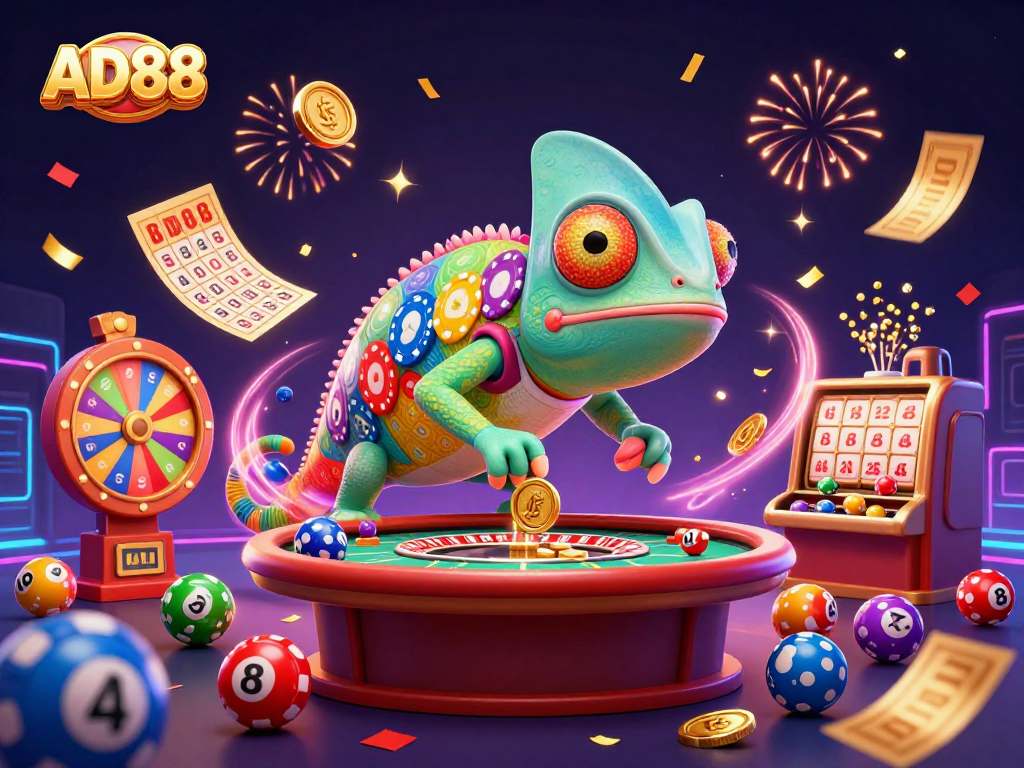 Engage in vibrant gaming adventure with AD88, featuring dynamic lottery balls and a chameleon casino owner.