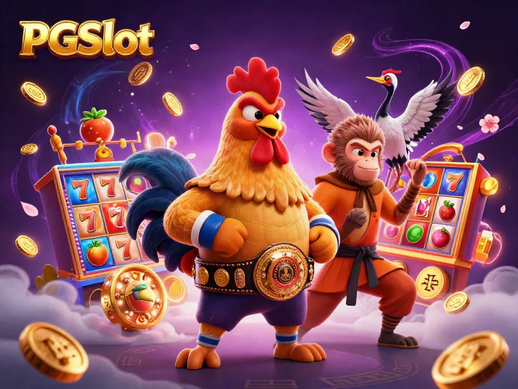 Spin the reels with PGSlot featuring an energetic scene of a Muay Thai rooster and martial artists.