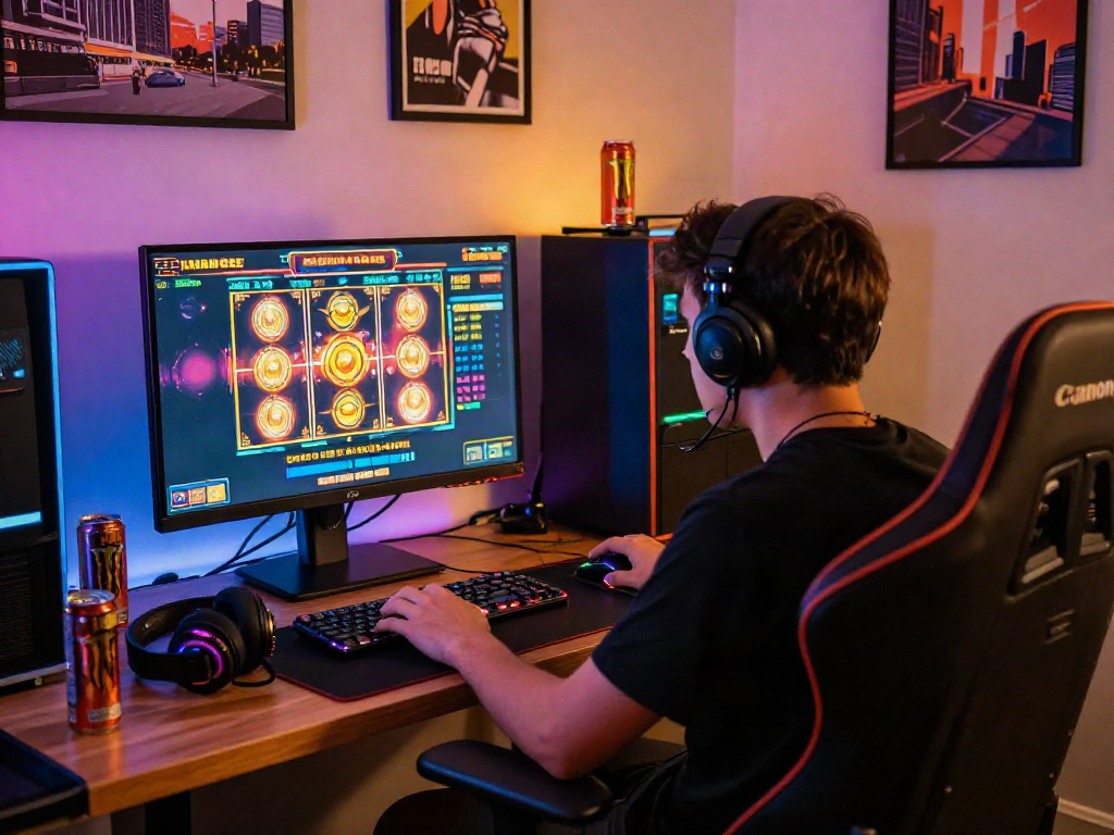 Engaged player enjoying bandar slot gaming in a vibrant setup with gaming accessories.