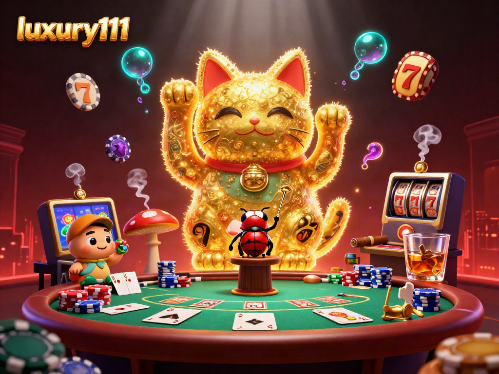 Experience casino excitement with luxury111's vibrant golden lucky cat and gaming elements.